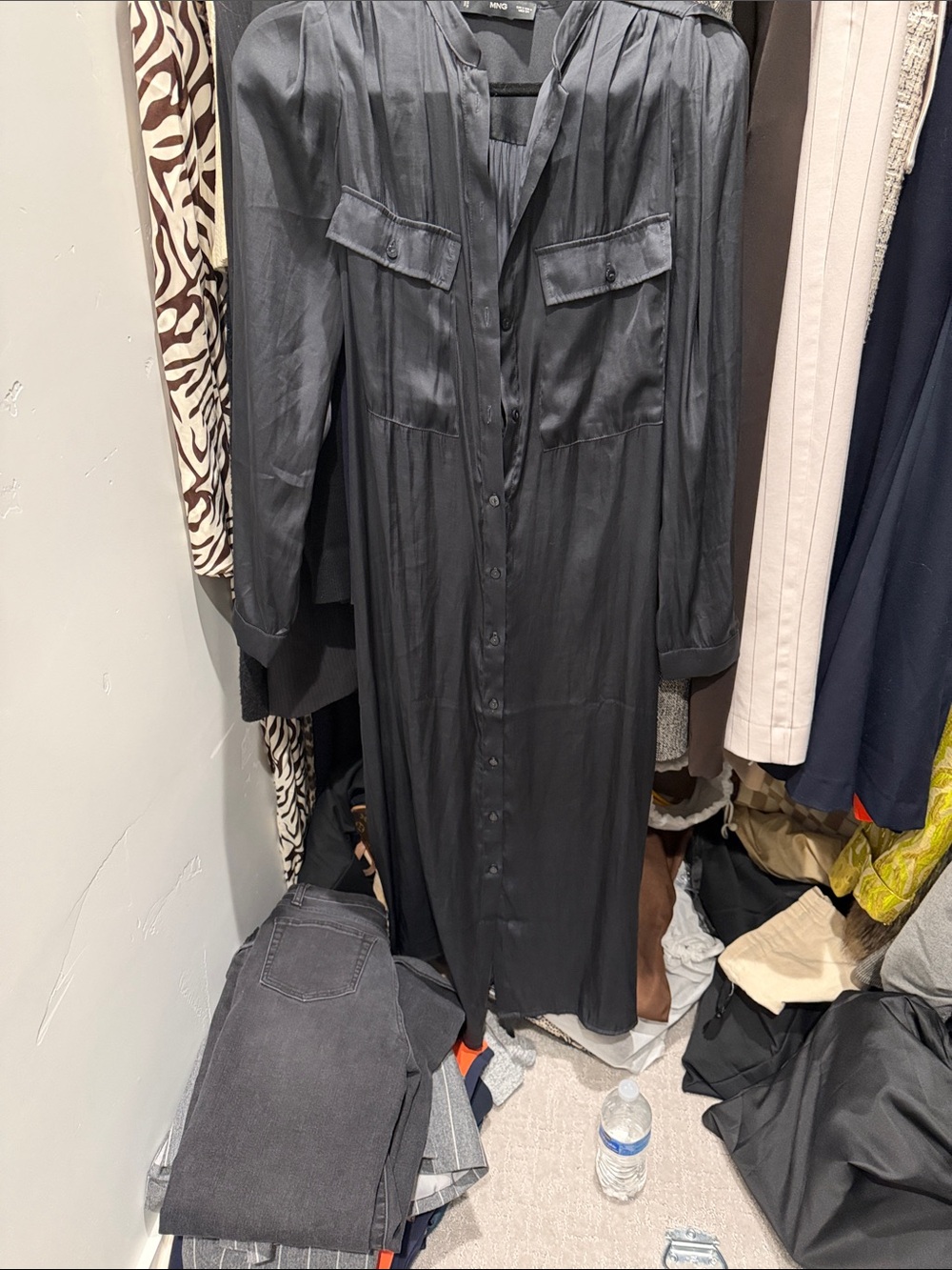 MNGlBlack Long Sleeve Button-Front Maxi Dress